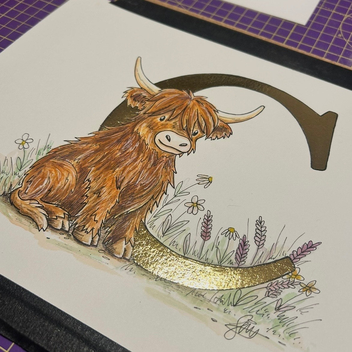 Cartoon highland cow on a letter 'C' with flowers, on a purple grid background