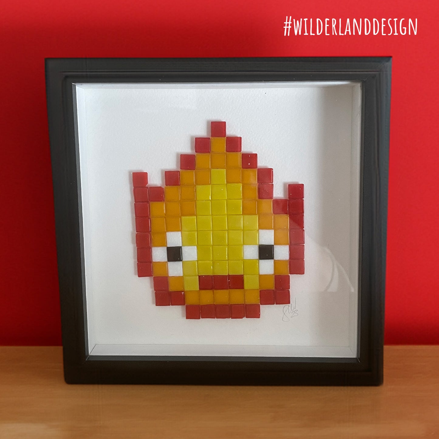 Framed Calcifer inspired Pixel Art Glass Tile Mosaic - 20 x 20 cm