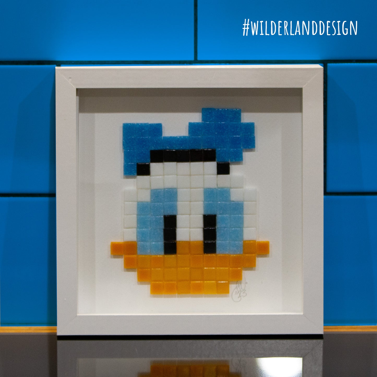 Framed Donald Duck inspired Pixel Art Glass Mosaic - 20 x 20 cm