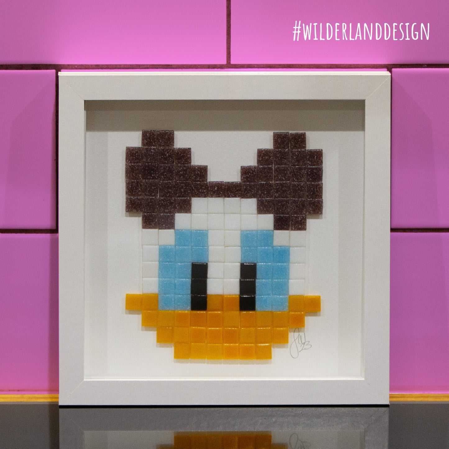 Framed Daisy Duck inspired Pixel Art Glass Mosaic - 20 x 20 cm