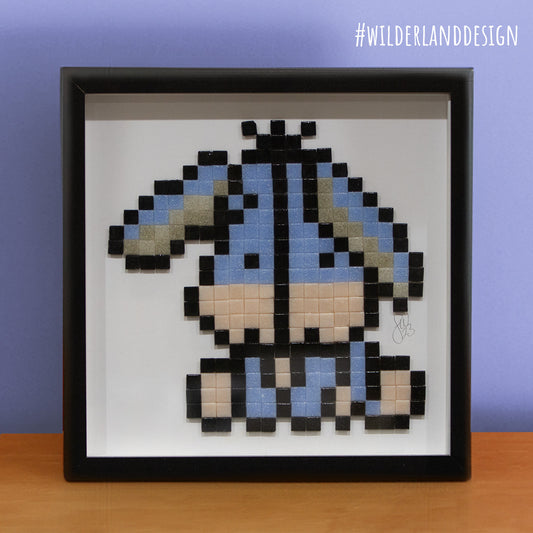 Framed Eeyore inspired Pixel Art Glass Tile Mosaic - 25 x25 cm