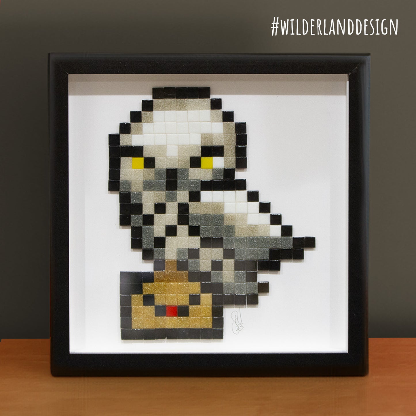 Framed Hedwig Owl Post inspired Pixel Art Glass Tile Mosaic - 25 x 25 cm