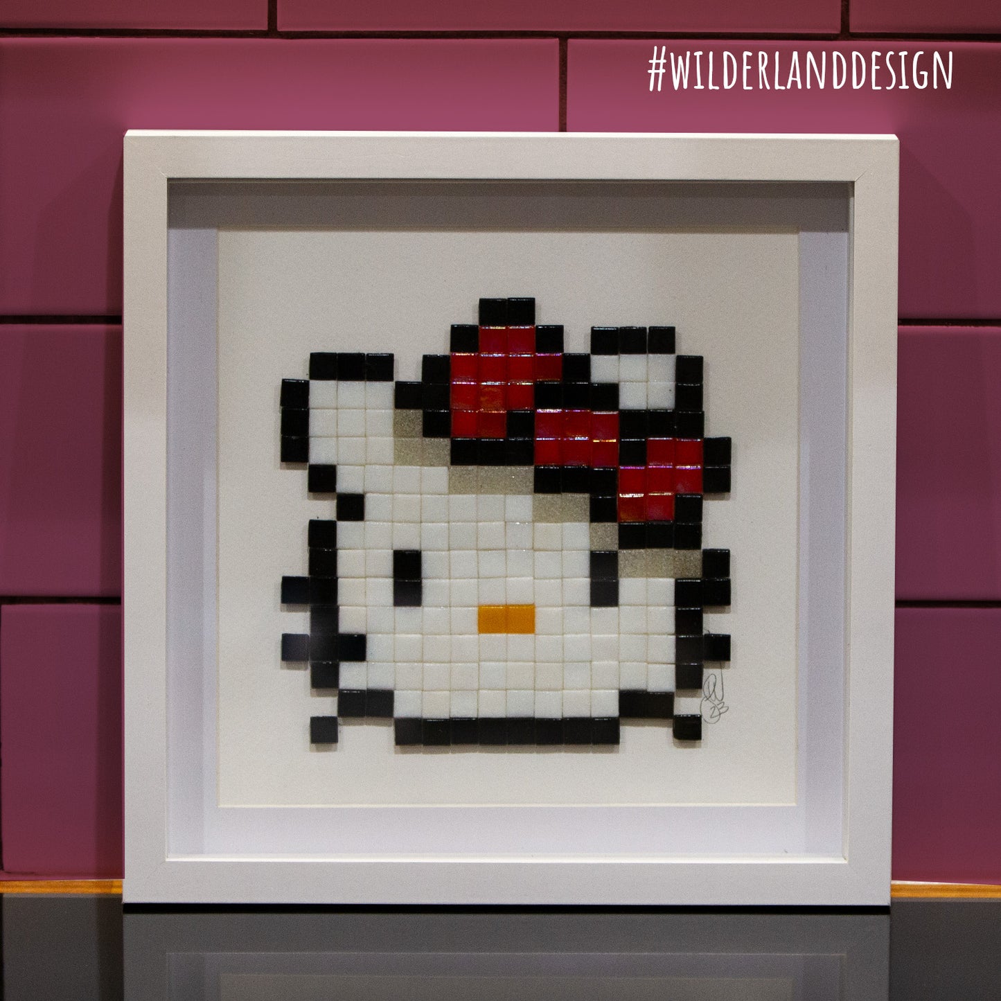 Framed Hello Kitty inspired Pixel Art Glass Tile Mosaic - 25 x 25 cm