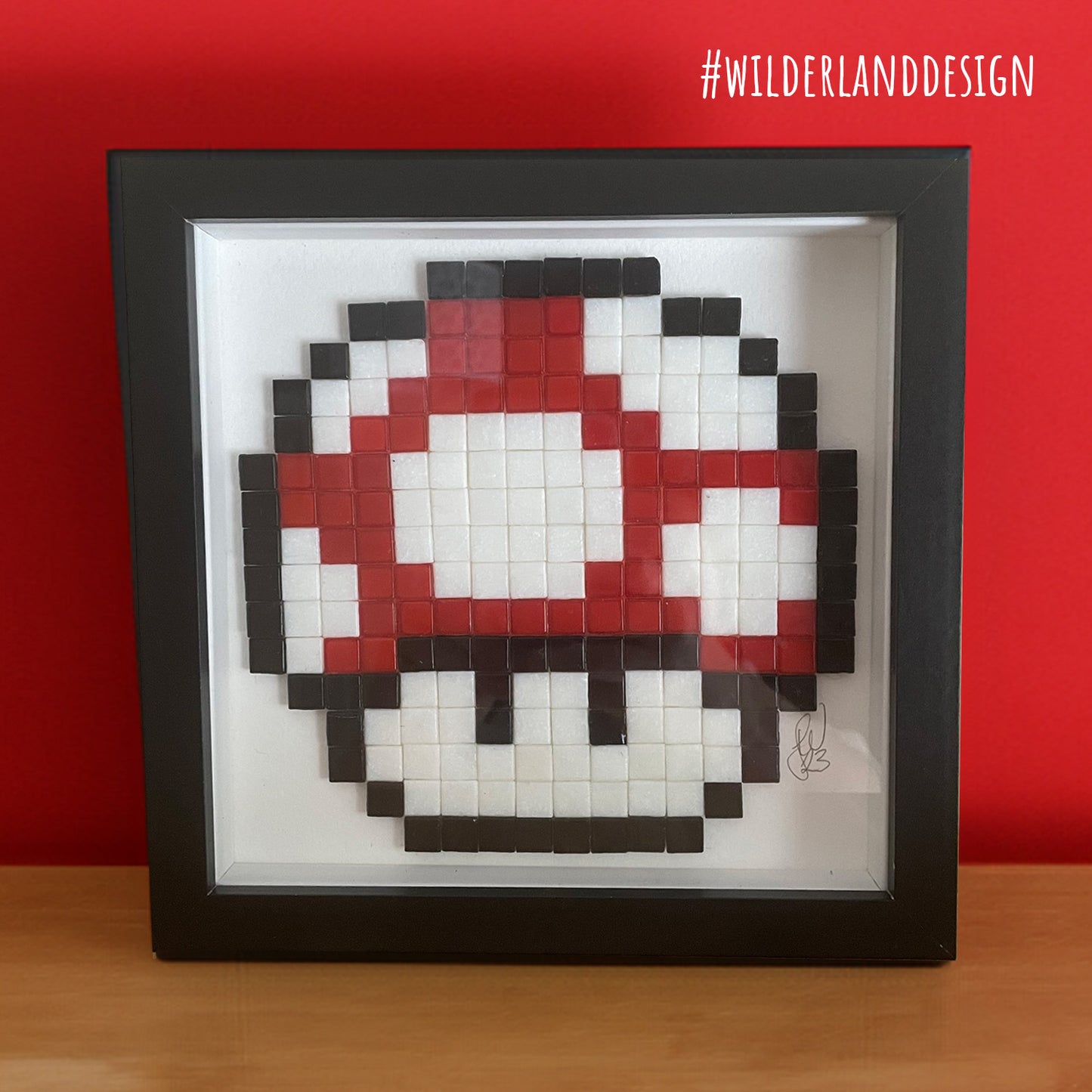 Framed Power Up Mushroom inspired Pixel Art Glass Tile Mosaic - 20 x 20 cm