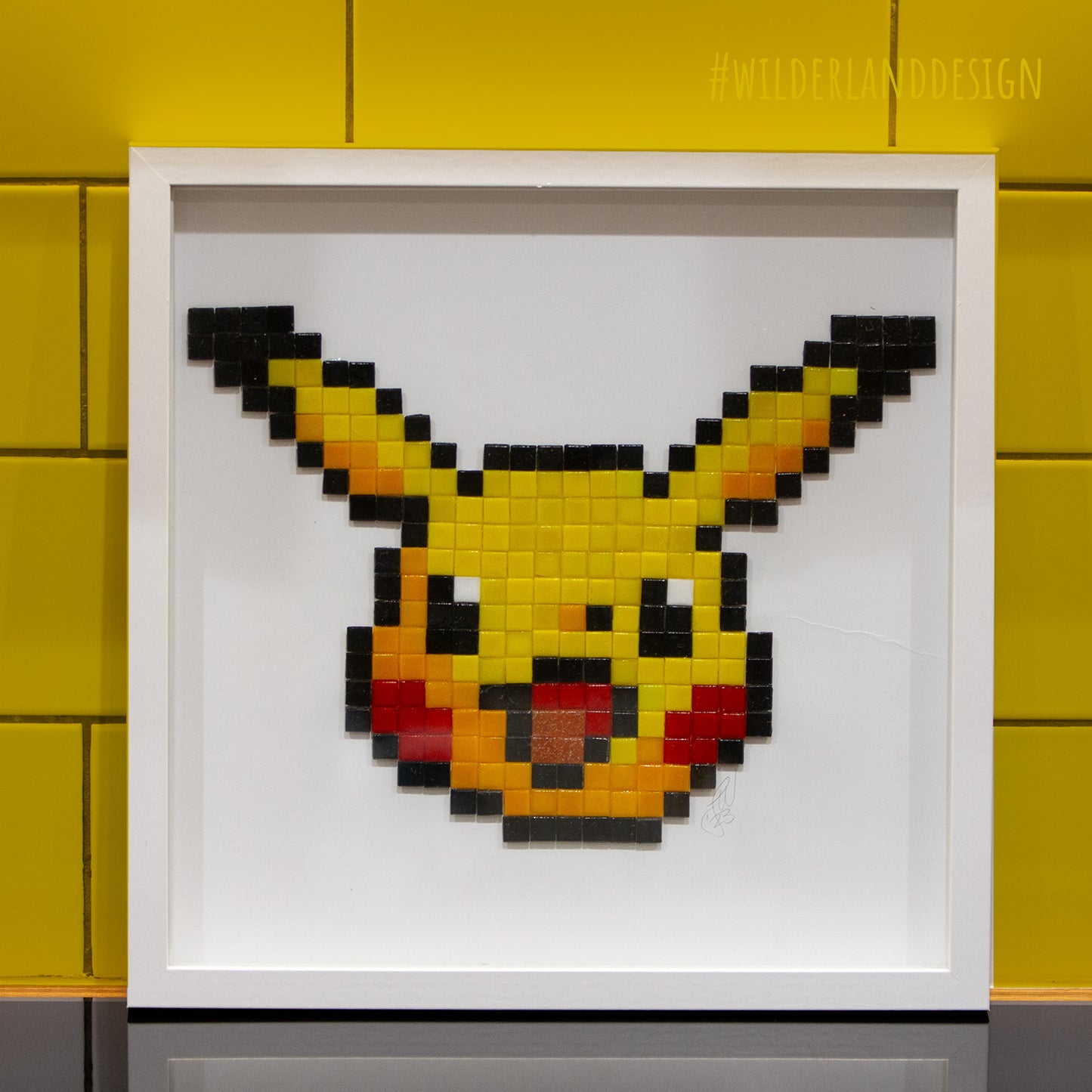 Framed Pikachu inspired Pixel Art Glass Tile Mosaic - 30 x 30 cm