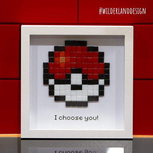 Framed Pokeball inspired Pixel Art Glass Tile Mosaic - 20 x20 cm