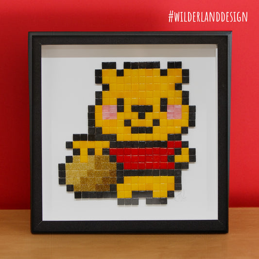 Framed Winnie the Poo inspired Pixel Art Glass Tile Mosaic - 25 x 25 cm