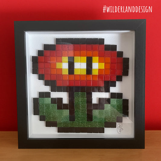 Framed Power Up Flower inspired Pixel Art Glass Tile Mosaic - 20 x 20 cm