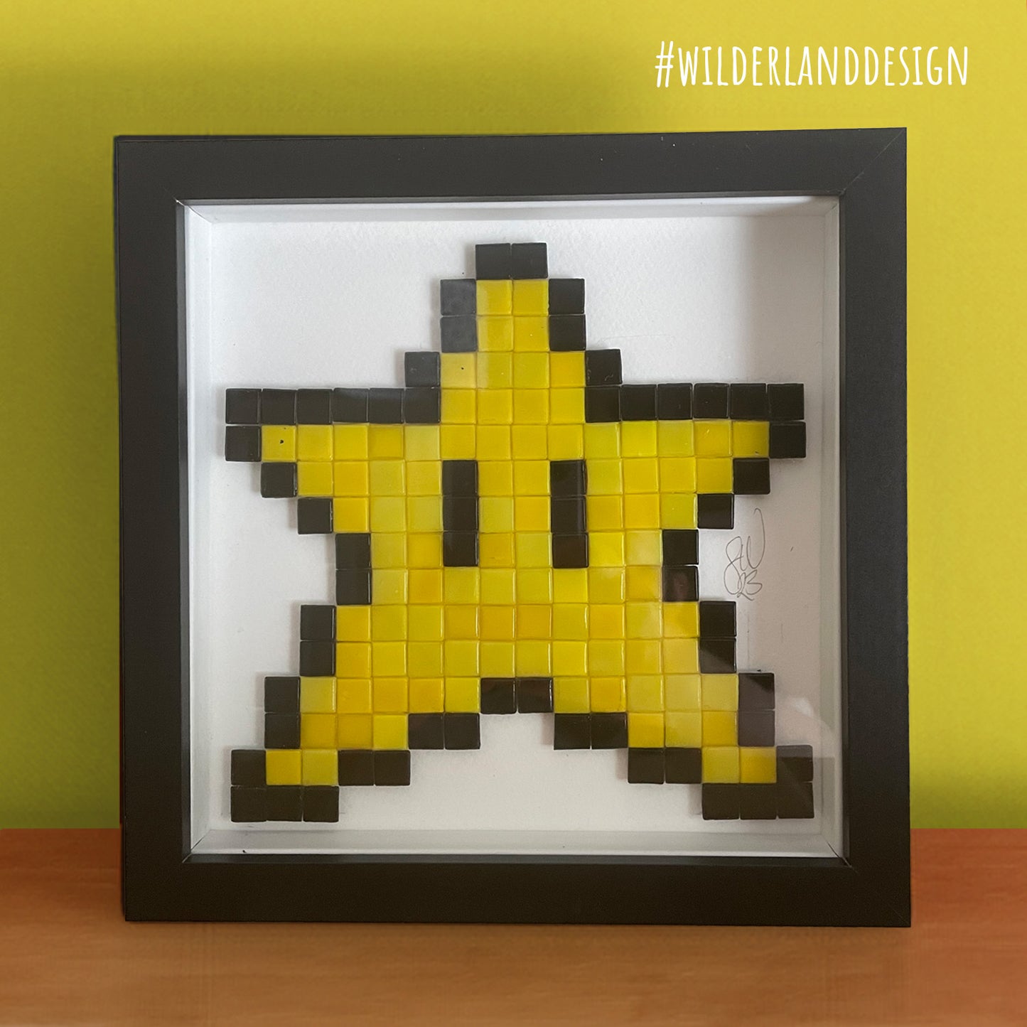 Framed Power Up Star inspired Pixel Art Glass Tile Mosaic - 20 x 20 cm