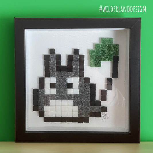 Framed Chu Totoro inspired Pixel Art Glass Tile Mosaic - 20 x 20 cm